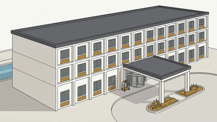 Illustration of a hospitality property with guest rooms