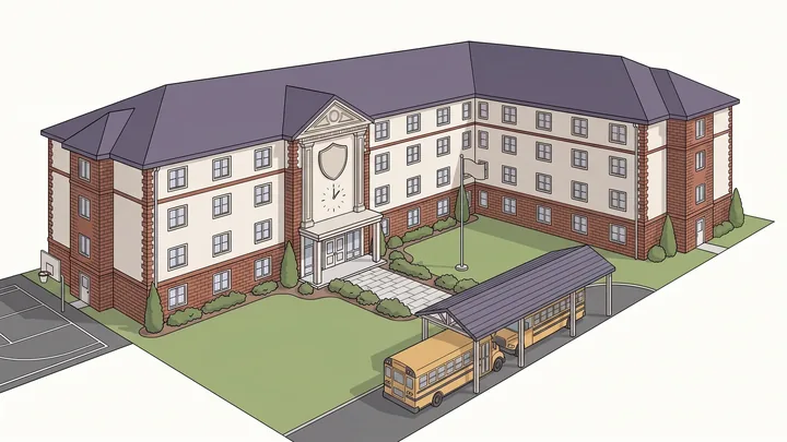Illustration of a school building on an educational campus