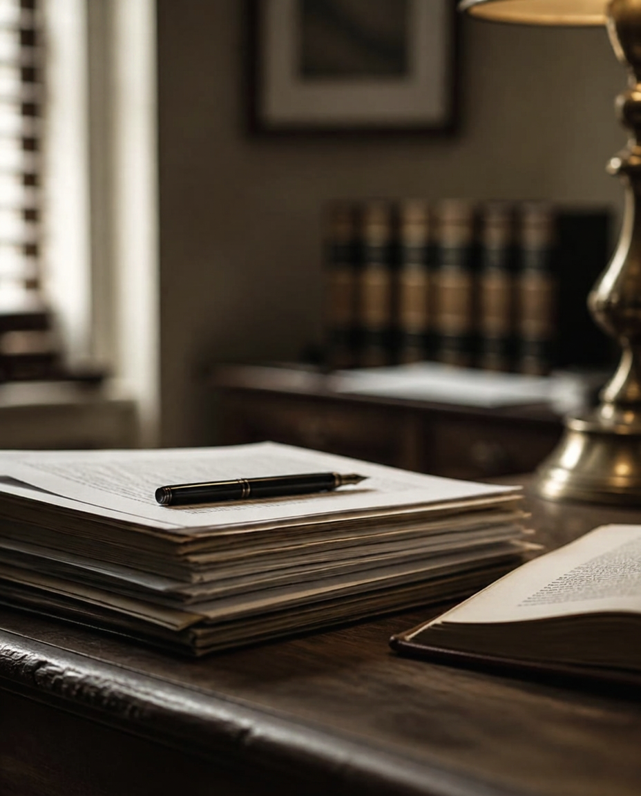 A stack of documents and a fountain pen on an oak desk in warm window light