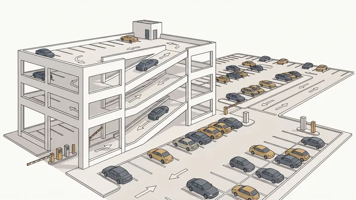 Illustration of a parking lot and parking garage