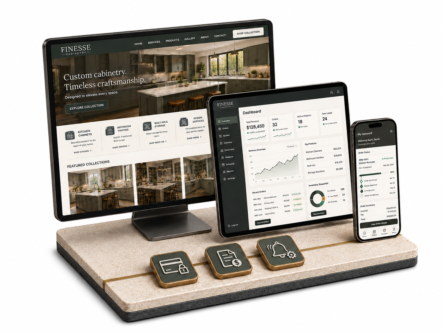 Realistic isometric render of a desktop storefront, a tablet owner dashboard, and a phone customer account, with three connected integration blocks on a stone plinth.