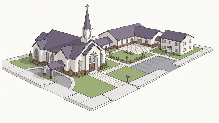 Illustration of a church and nonprofit campus building
