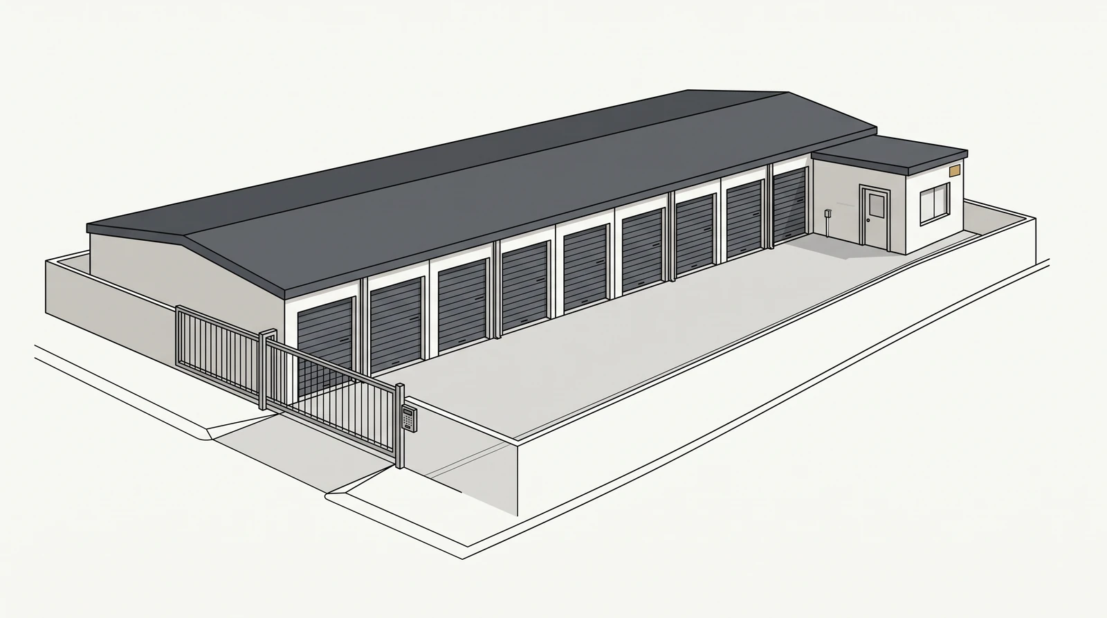 Illustration of a self-storage facility with roll-up doors