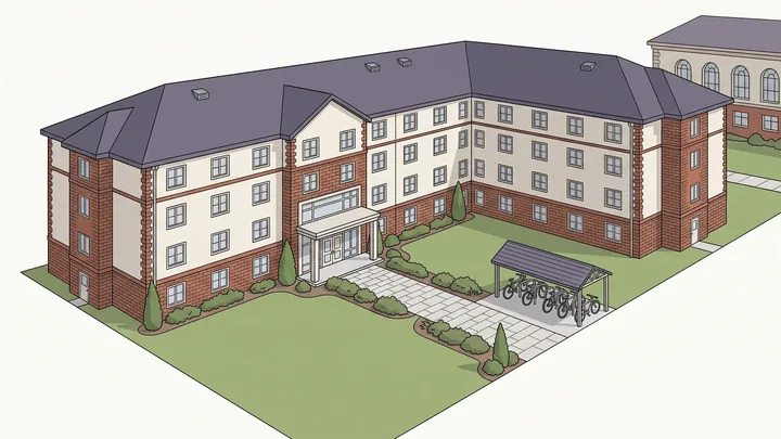 Illustration of a student housing building near a campus