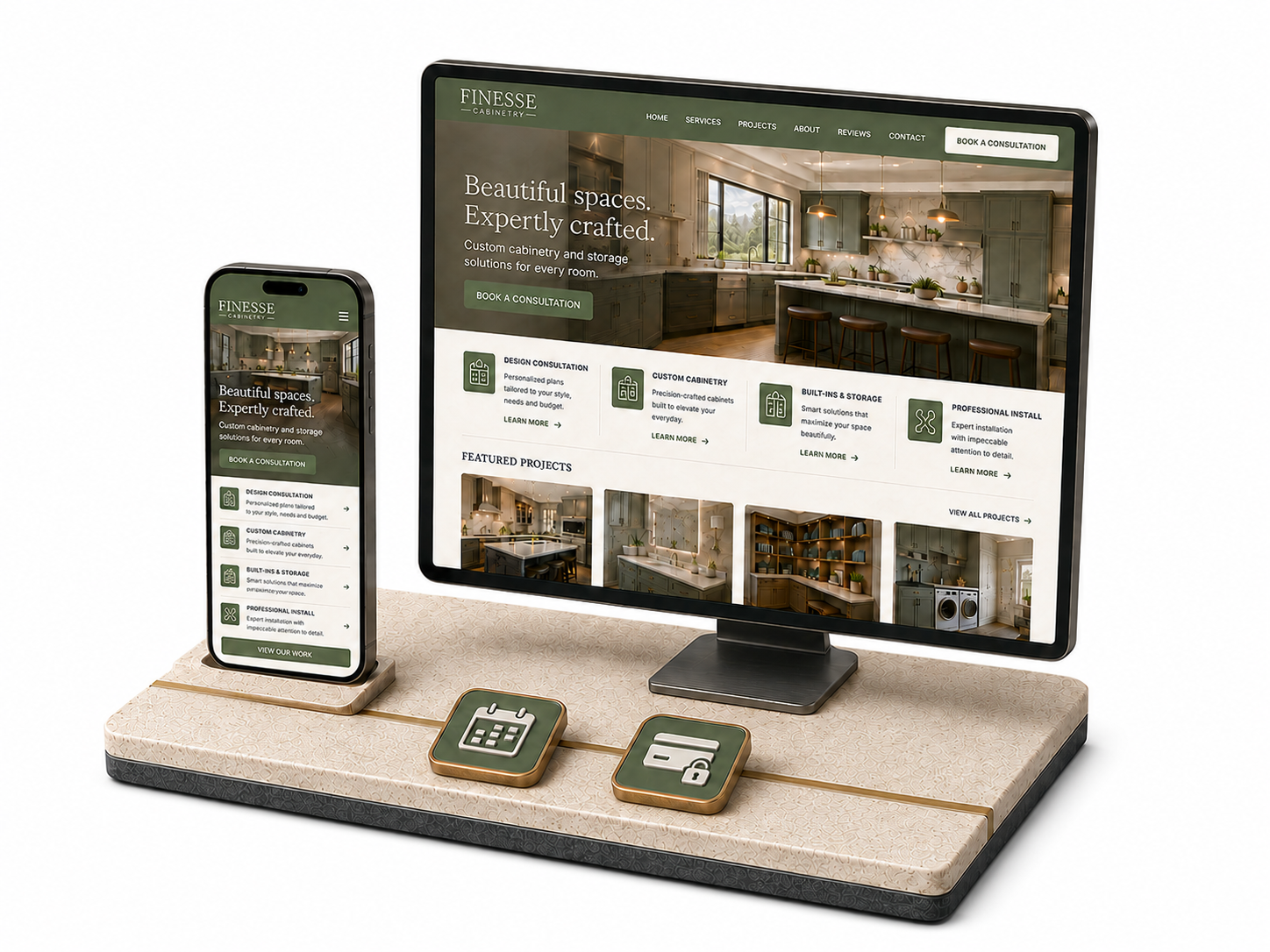 Realistic isometric render of a desktop screen and a phone showing a multi-page website, with two connected integration blocks on a stone plinth.