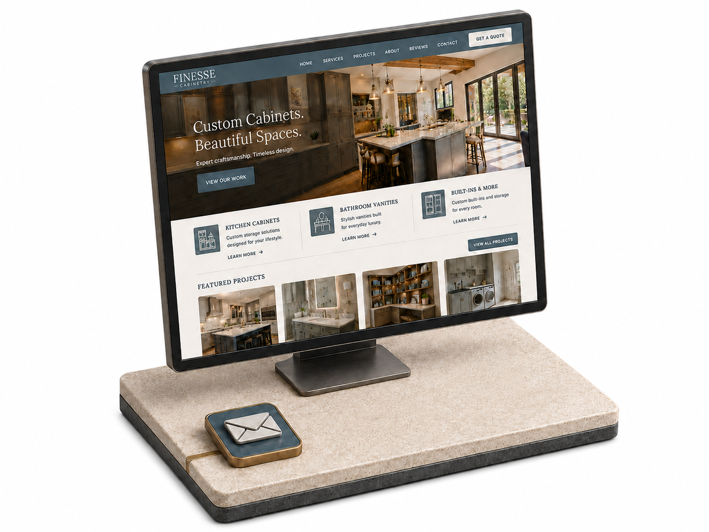 Realistic isometric render of a single desktop screen showing a one-page website, with one connected integration block on a stone plinth.