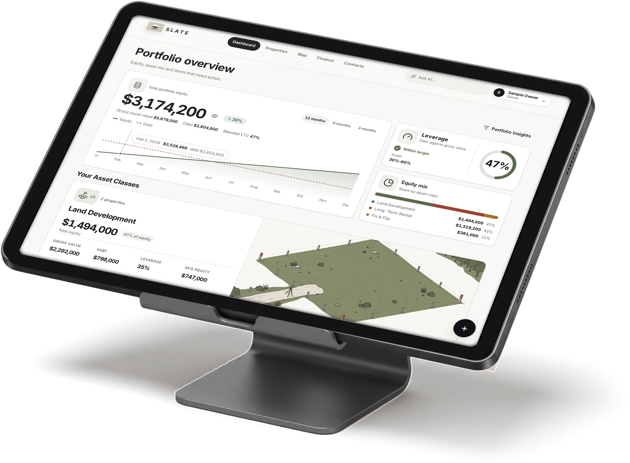 Slate portfolio dashboard on a graphite tablet standing in landscape on a desk stand, showing the current Slate dashboard with portfolio equity, leverage, equity mix, and asset-class summaries.