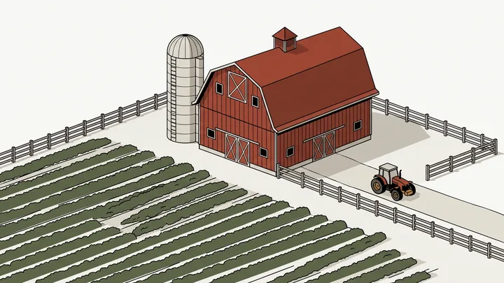 Illustration of farmland with fields and a farm building