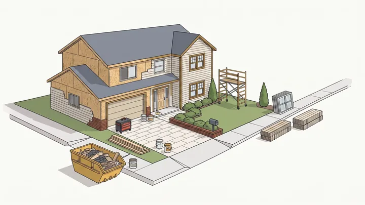 Illustration of a house under renovation for a fix and flip