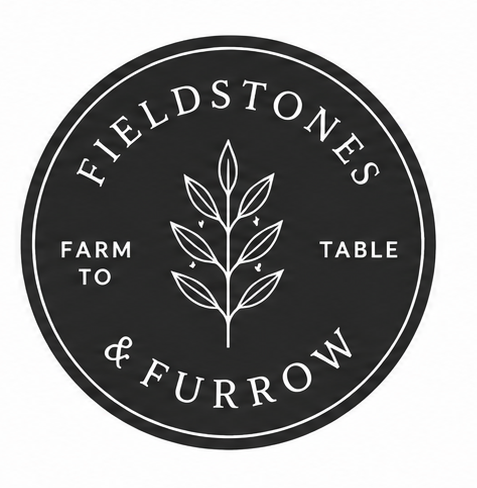 Fieldstones & Furrow circular badge seal in ink with the name set around a white botanical sprig