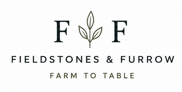 Fieldstones & Furrow serif monogram: two F letterforms flanking a botanical sprig, above the full wordmark and Farm to Table line
