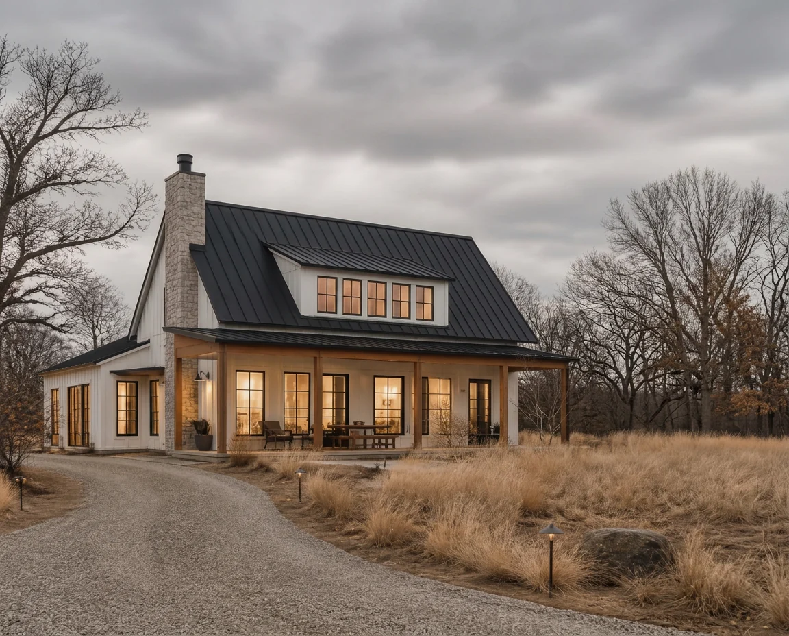 White board-and-batten farmhouse with a black standing-seam metal roof, stone chimney and warmly lit porch at dusk