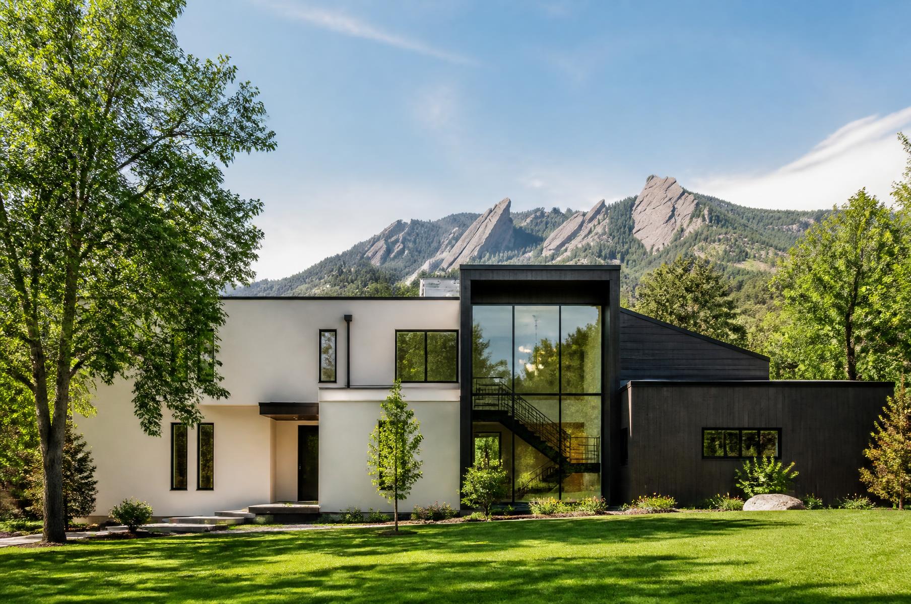 Completed contemporary home with white plaster and dark timber volumes and a two-story glazed stair, rock formations behind