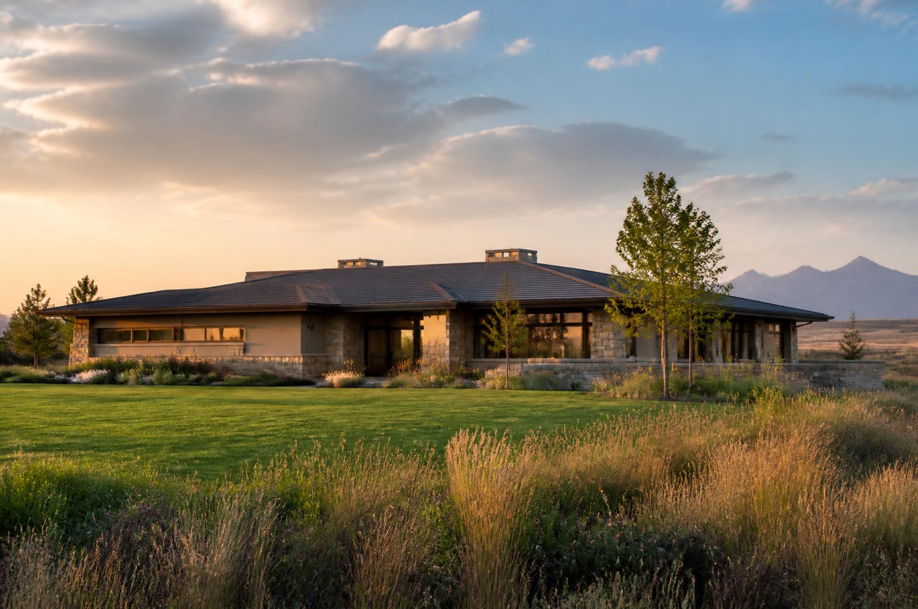 Completed low modern prairie home with deep overhangs and a stone base on open Front Range grassland at golden hour