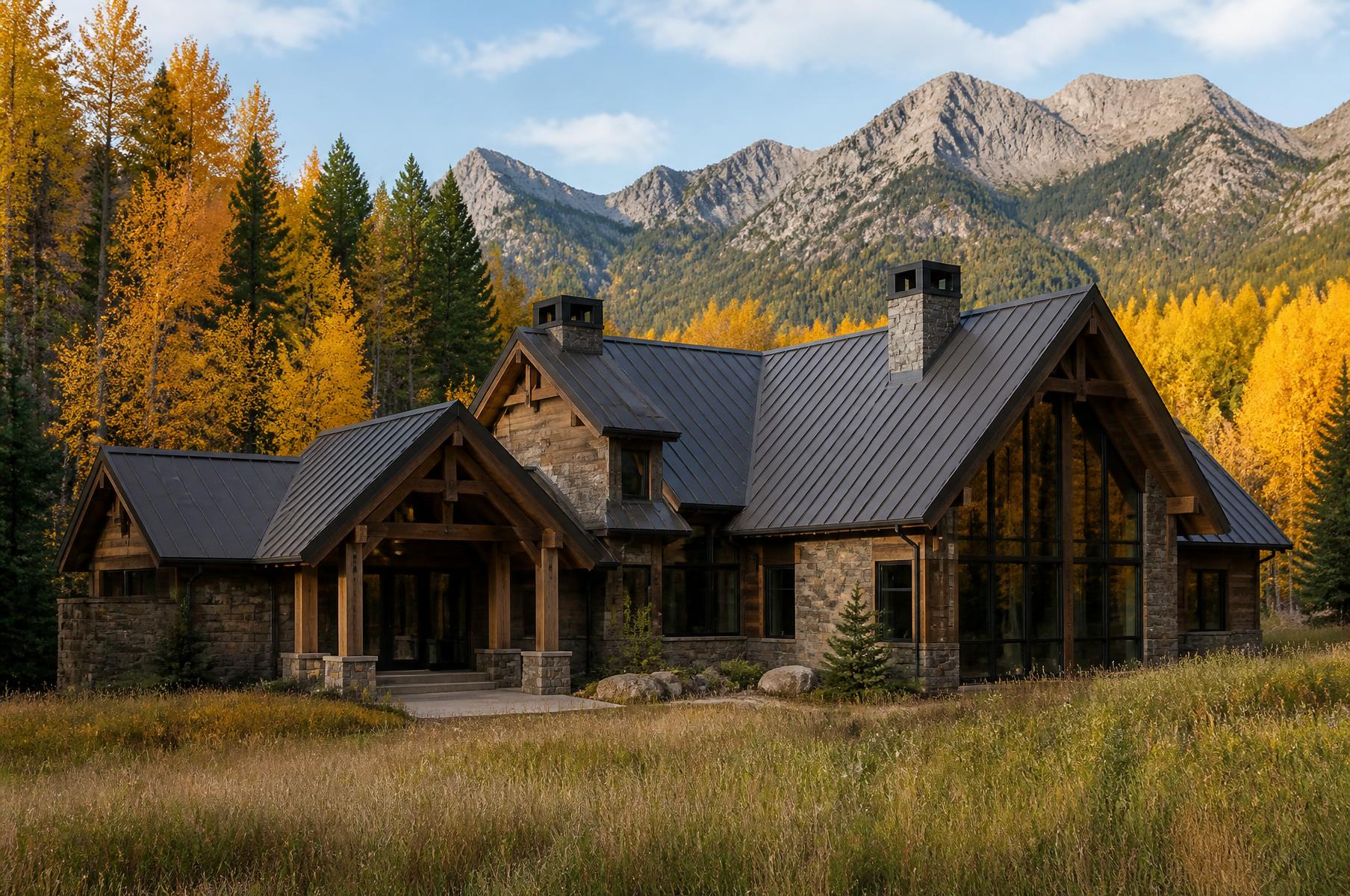 Completed alpine contemporary home with steep dark metal gables and a tall glazed gable end among golden aspens and peaks