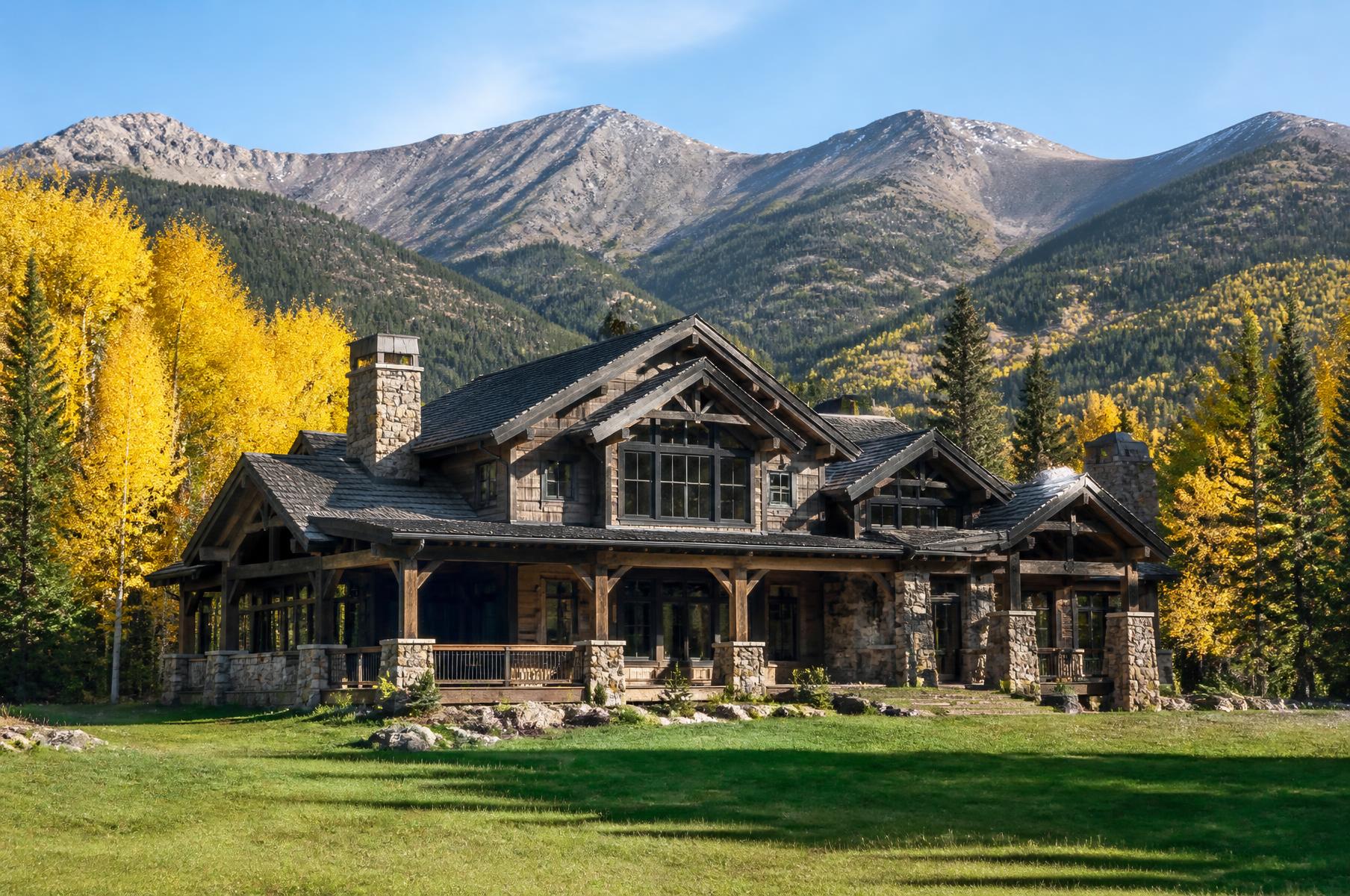 Completed rustic timber and stone lodge home with a deep covered porch below high peaks, golden aspens on either side