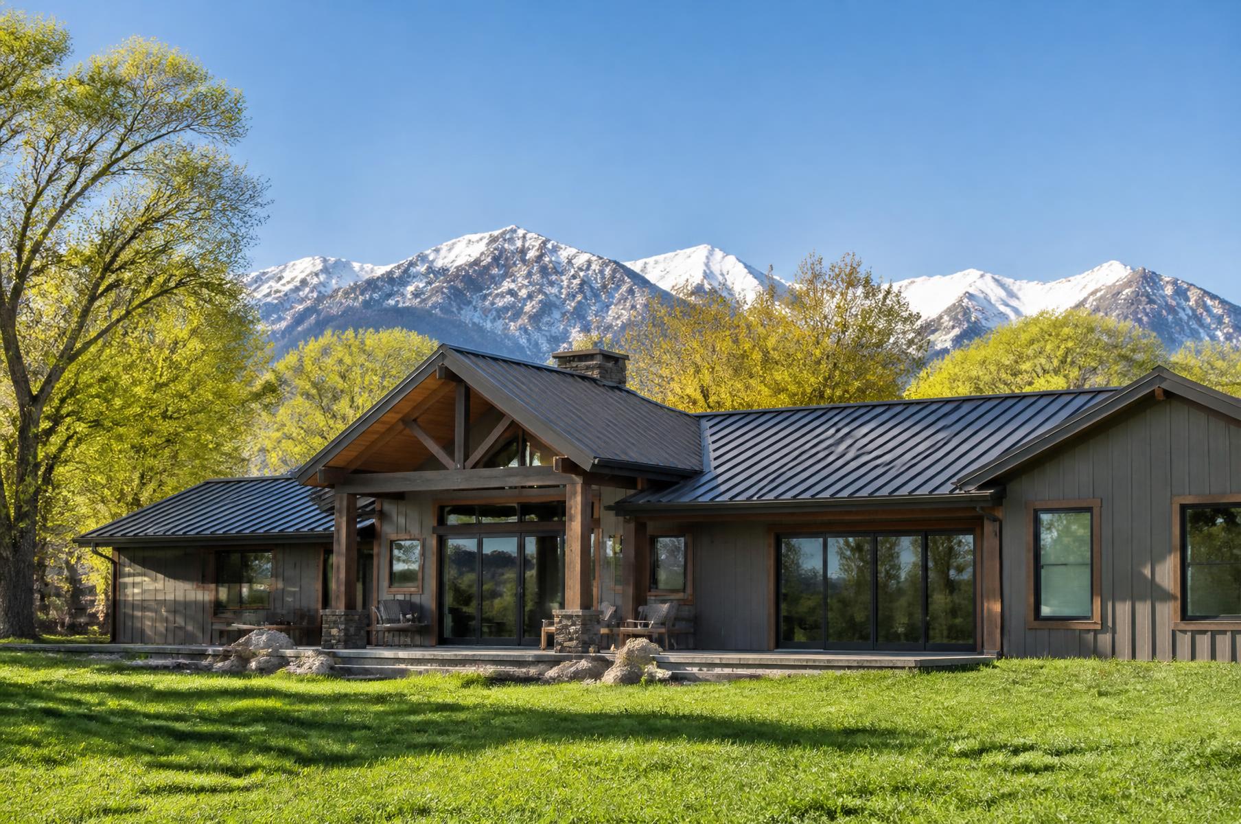 Completed modern ranch home with a timber entry canopy and dark metal roof on green spring grass below snowcapped peaks
