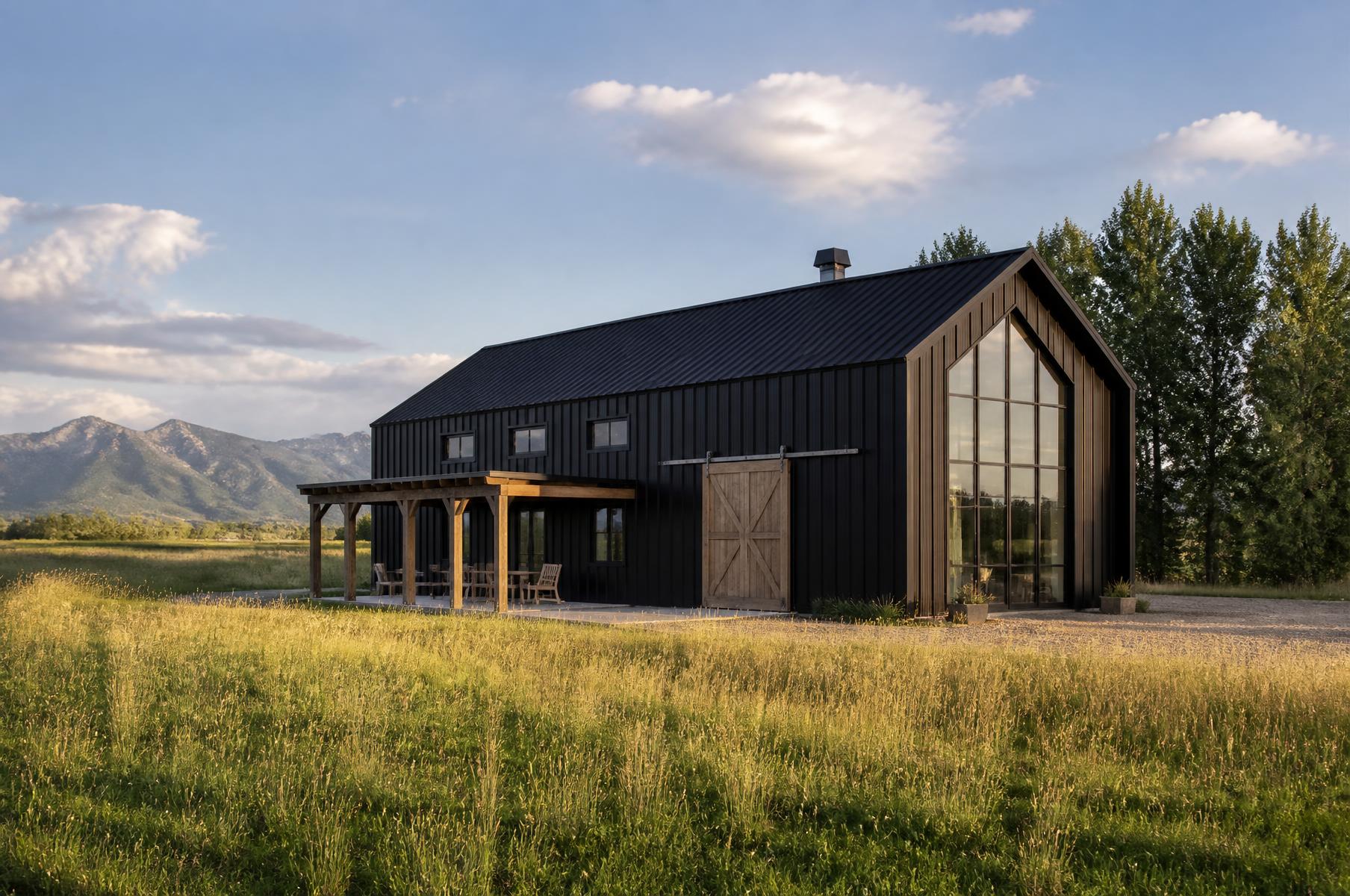 Completed black metal barndominium with a glazed gable end and timber porch on green irrigated farmland in summer