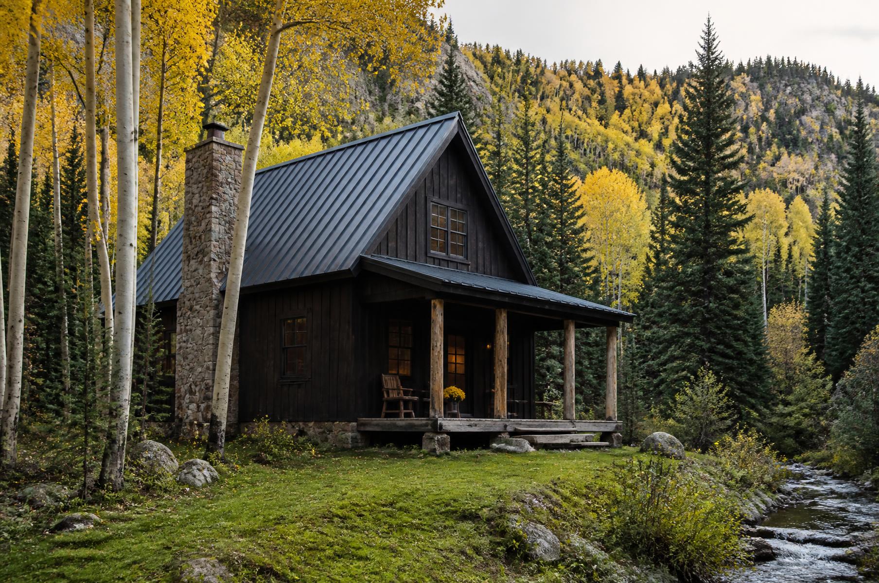 Completed four-season cabin in dark timber with a stone chimney and covered porch beside a creek among golden aspens