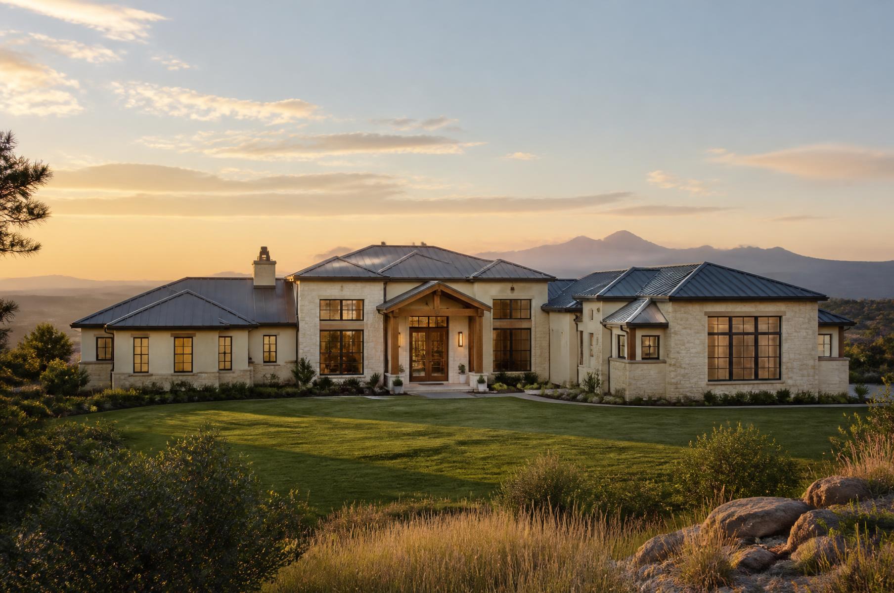 Completed transitional limestone and plaster home with low metal roofs and a timber portico on a mesa at sunset