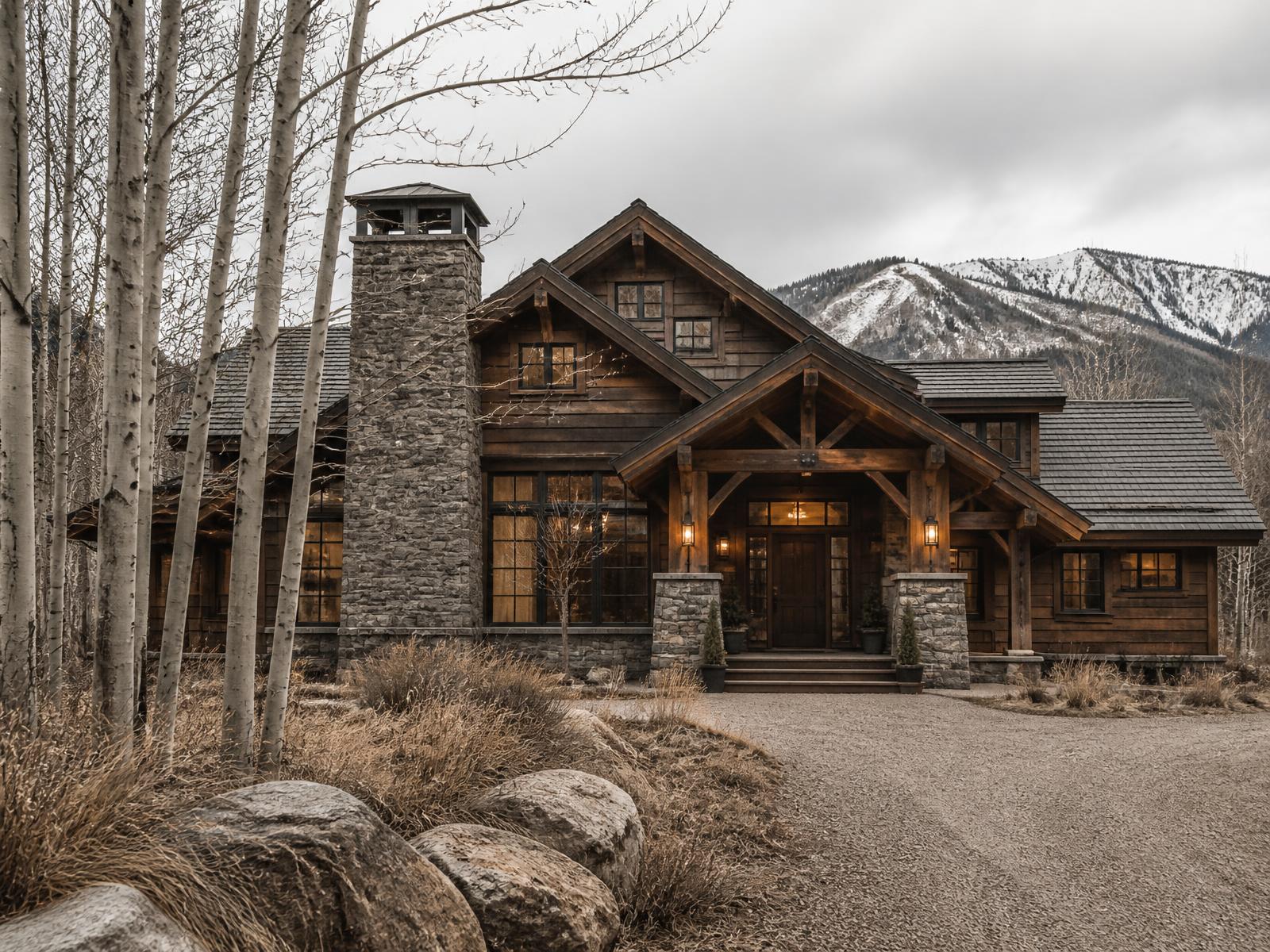 Alpine lodge home concept in hand-hewn timber and stone with a covered porch, surrounded by golden aspens and green pines