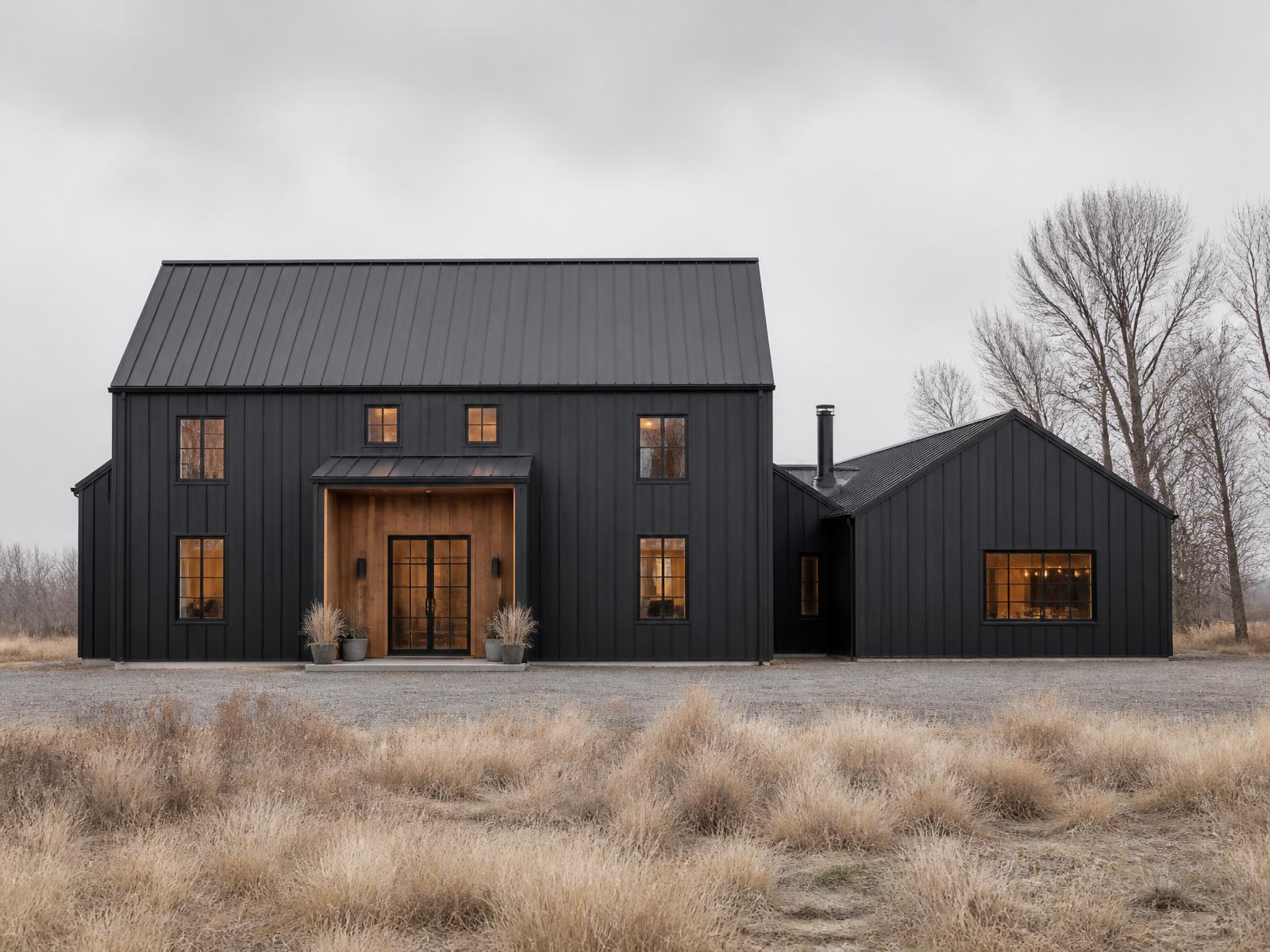 Modern barnhouse concept in charcoal board-and-batten with a standing-seam roof, timber entry and lower shop wing on dormant prairie ground