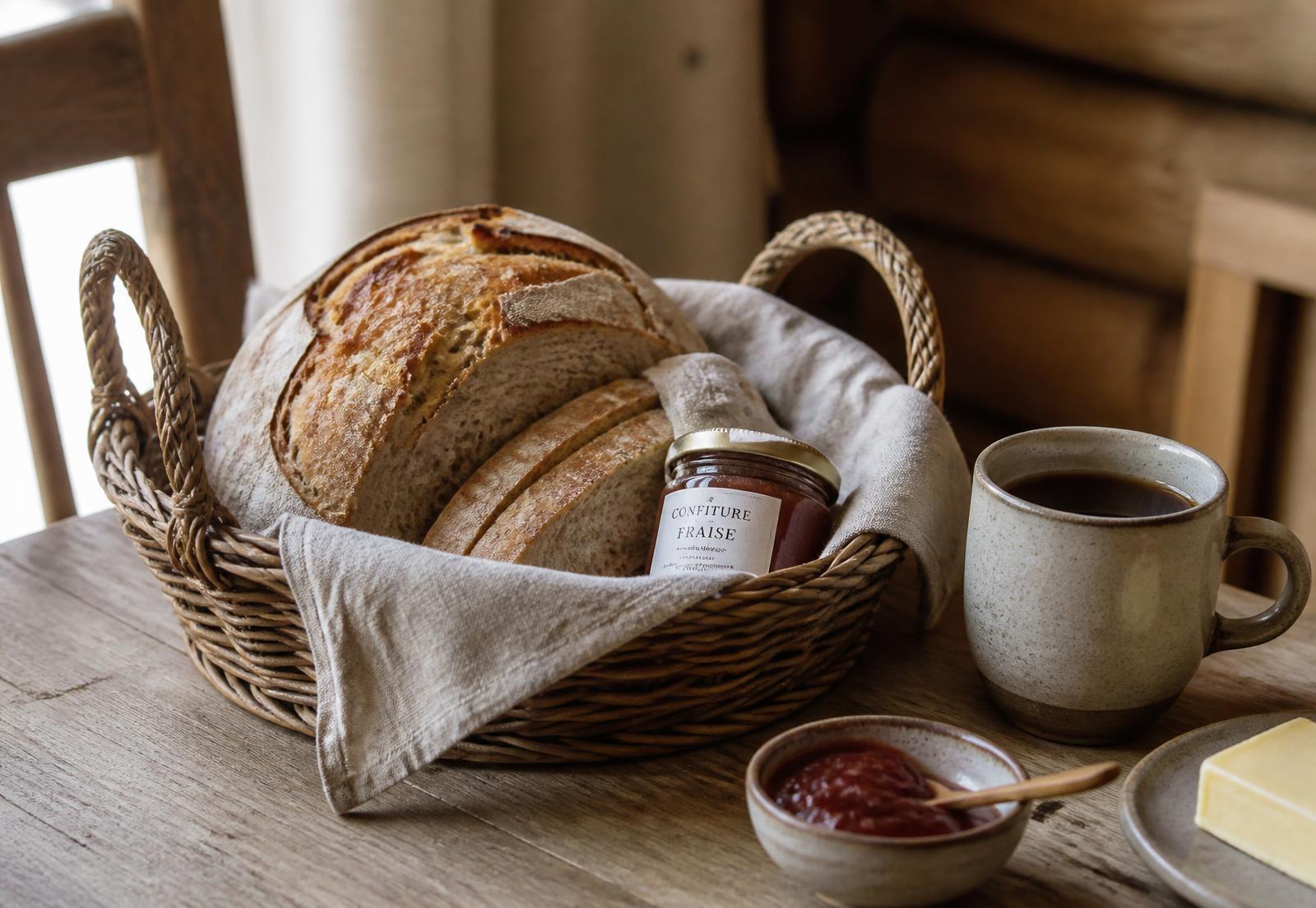 Breakfast basket with sourdough, jam, and freshly ground single-origin coffee