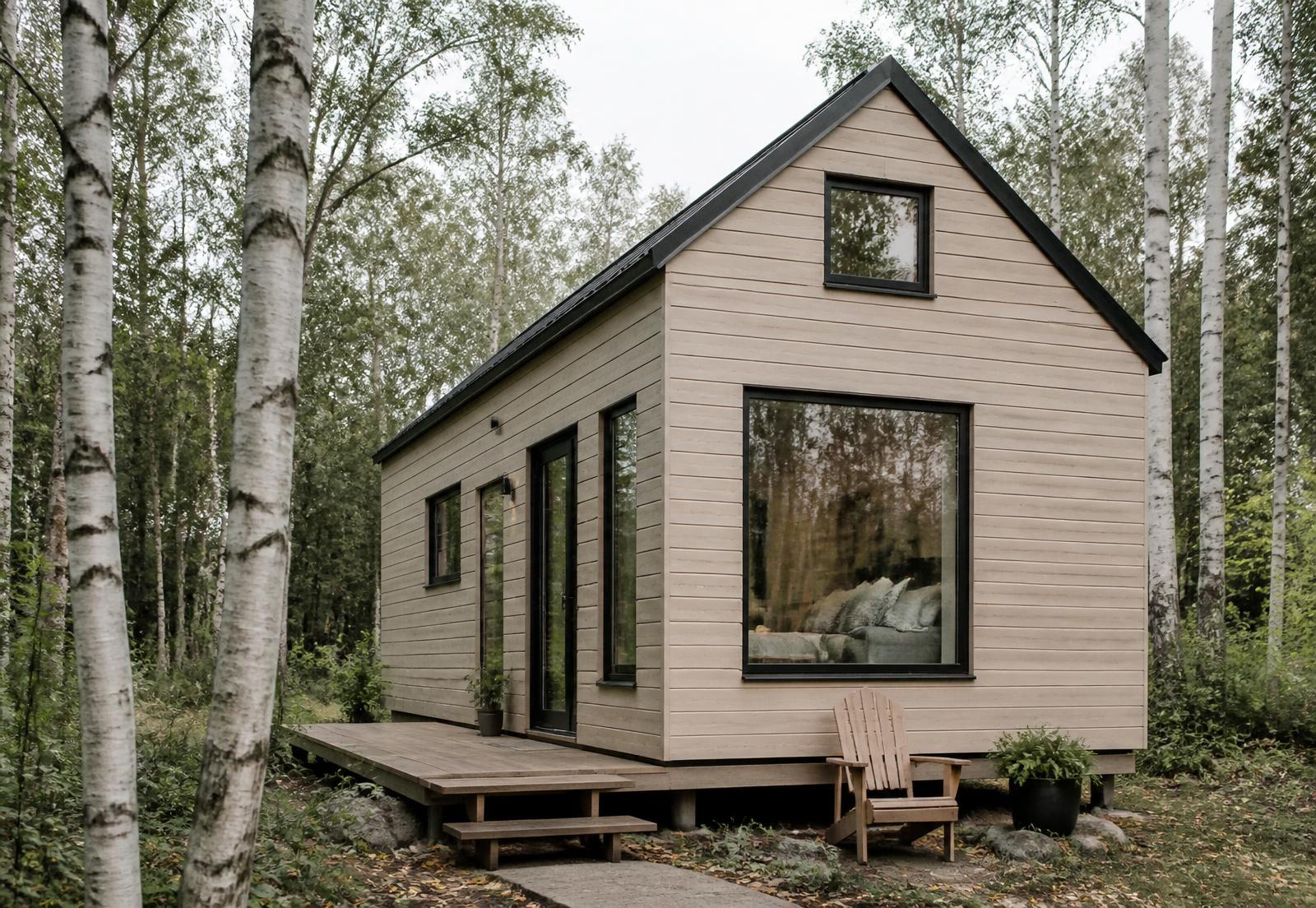 A pale-wood tiny cabin standing among white birch trees