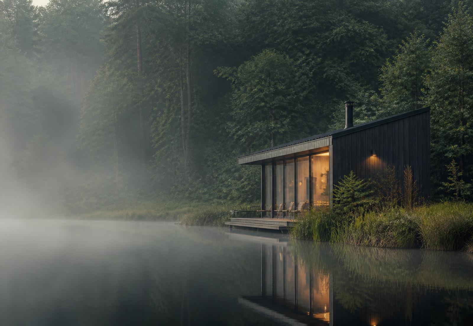 A dark timber cabin beside a still pond with morning fog on the water