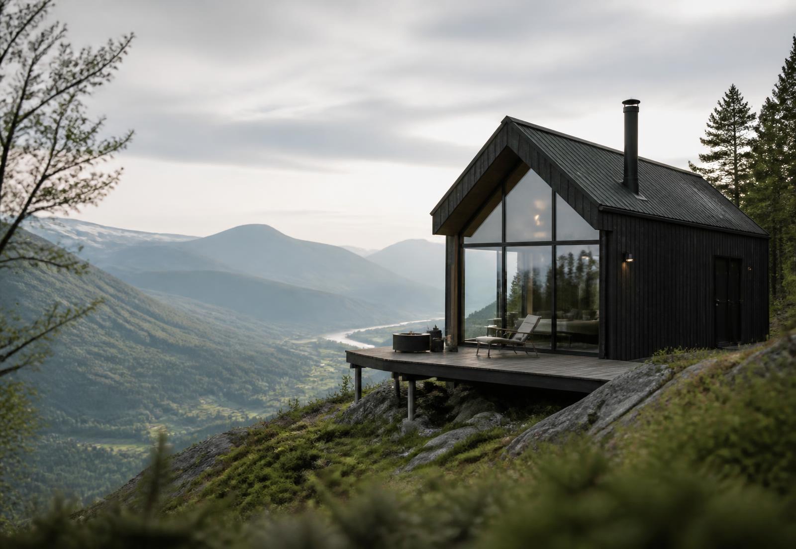 A cabin standing above a valley among tall spruce trees