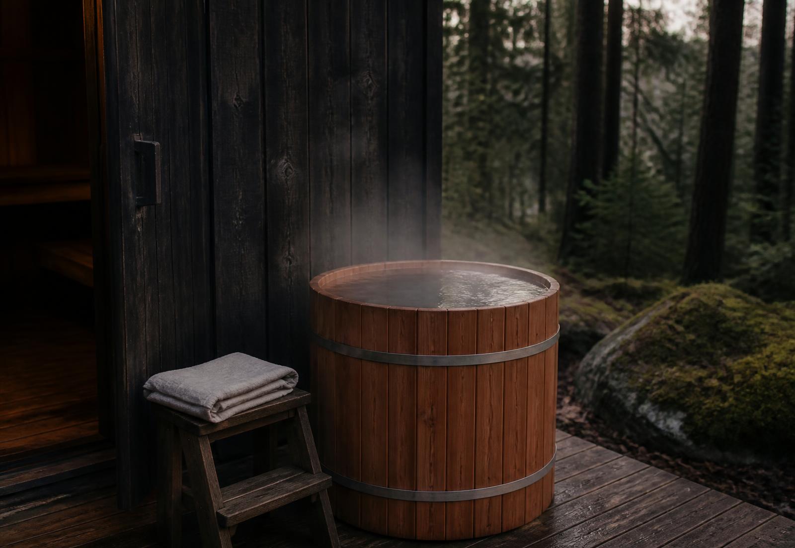 Cedar cold plunge barrel steaming on the deck outside the dark timber sauna