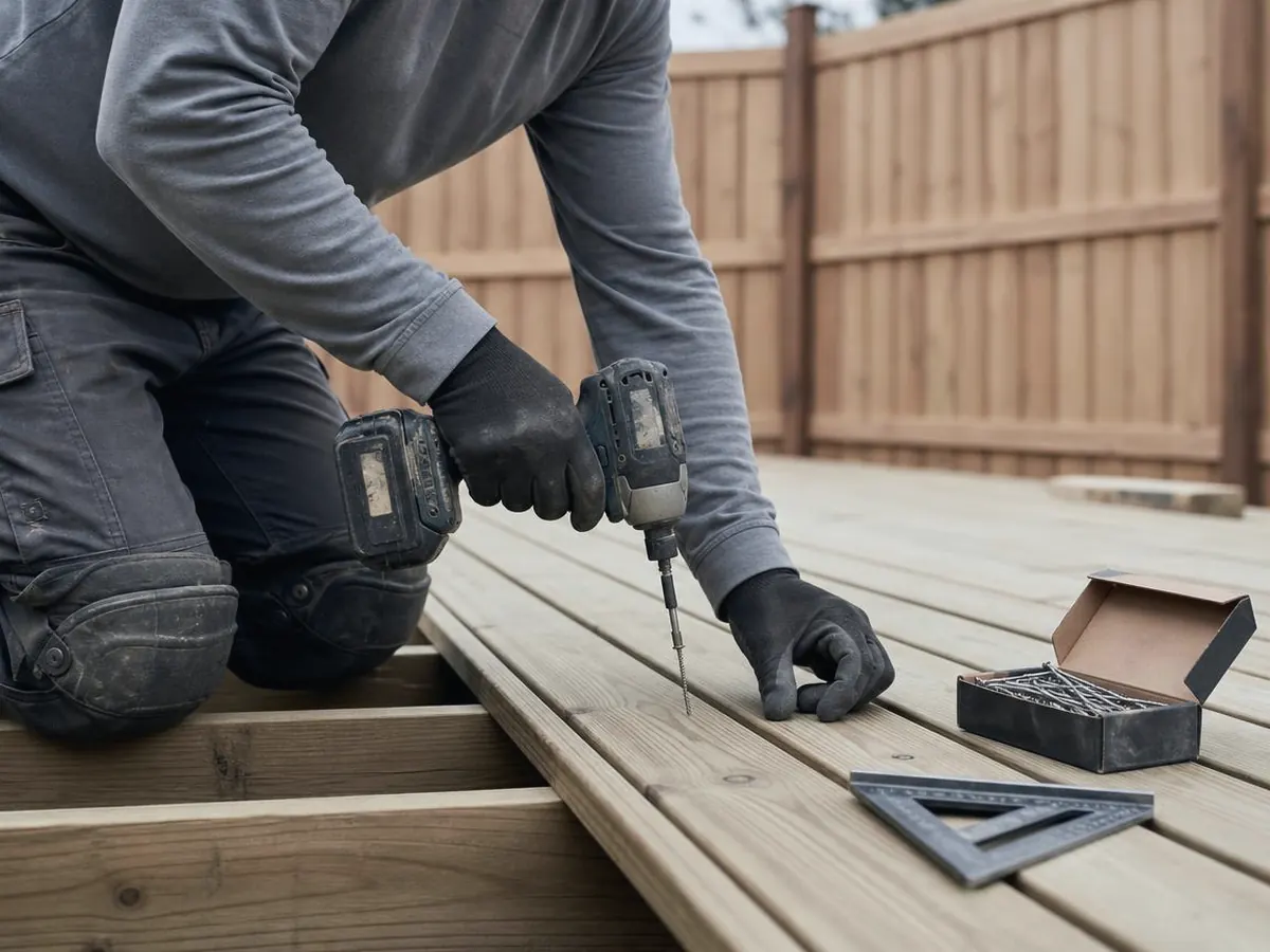 Carpenter's gloved hands driving a deck screw into a new deck board with an impact driver, cedar fence behind