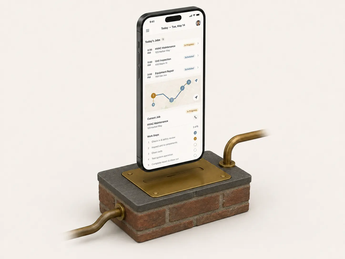 Fieldwork Ops on an upright phone above a compact brick and slate field base connected by bronze conduit.