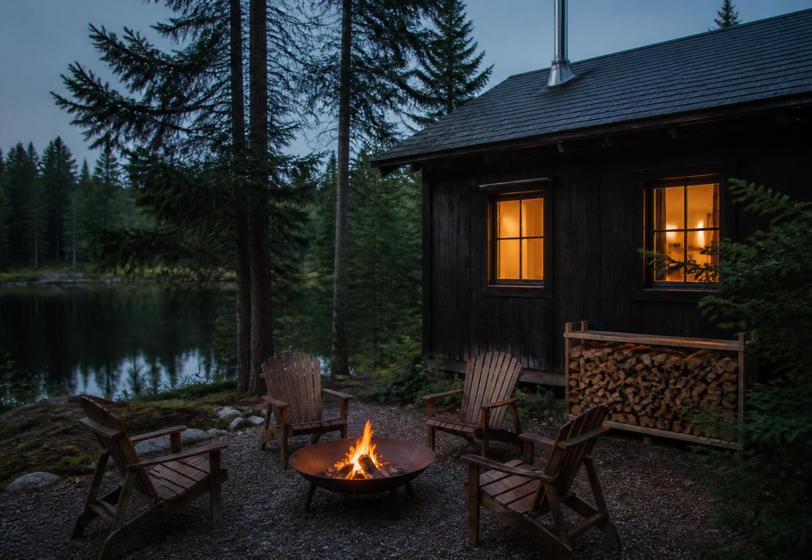 Steel smokeless fire bowl burning beside the dark timber Hollow cabin at dusk, pond behind