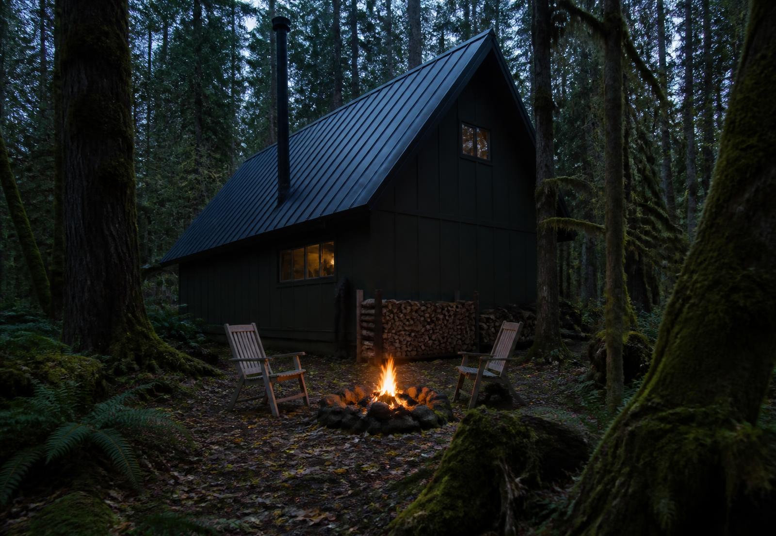 The stone fire ring and split wood rack behind Spruce at dusk