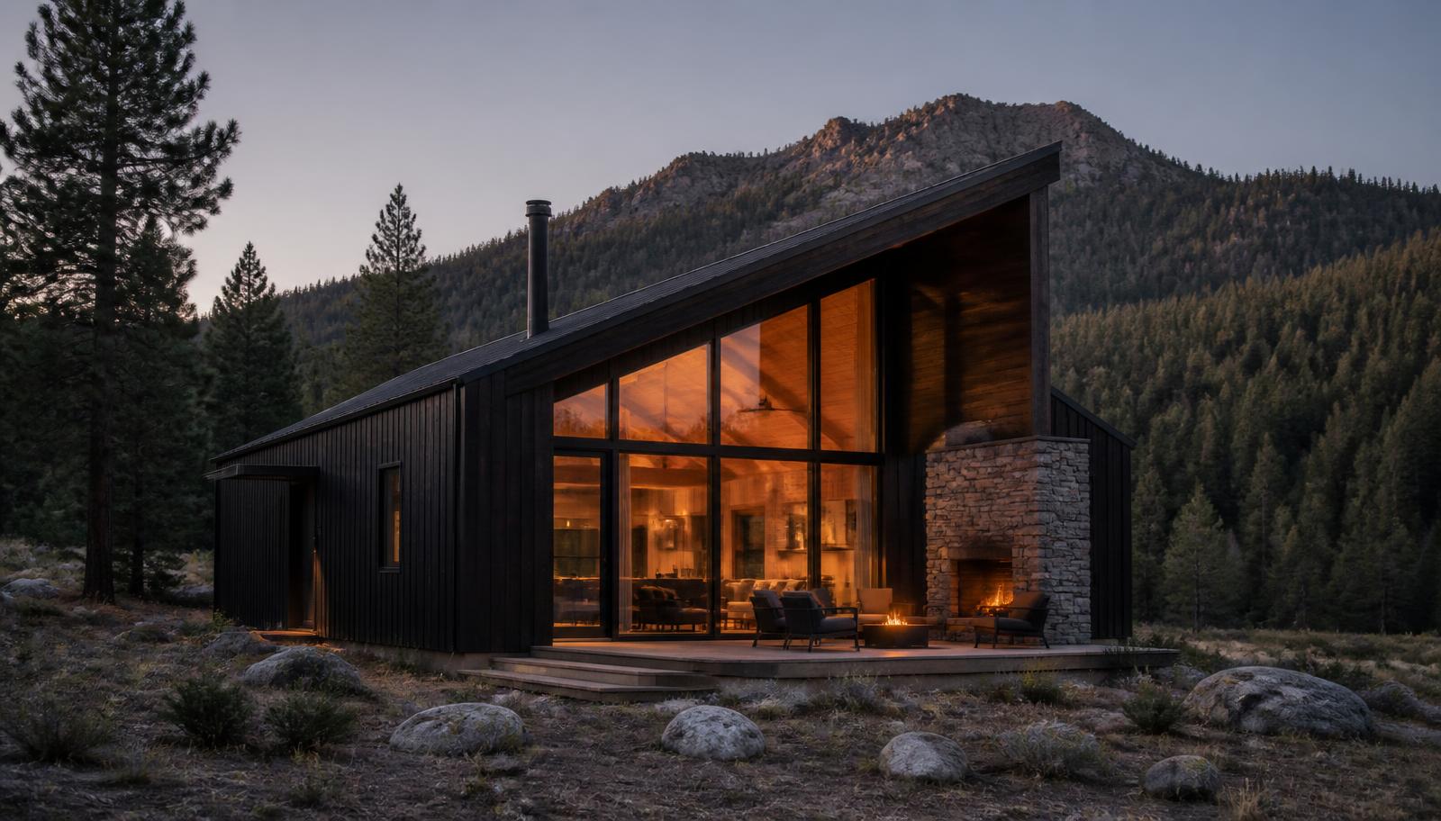 Small modern cabin concept in blackened vertical timber with a single-slope roof, full-height glazed gable and a covered stone hearth terrace at dusk