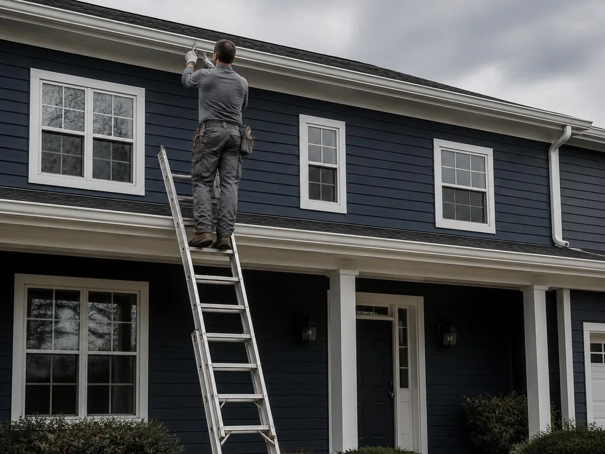 Installer on an extension ladder fastening a seamless aluminum gutter to the eave of a blue-sided house