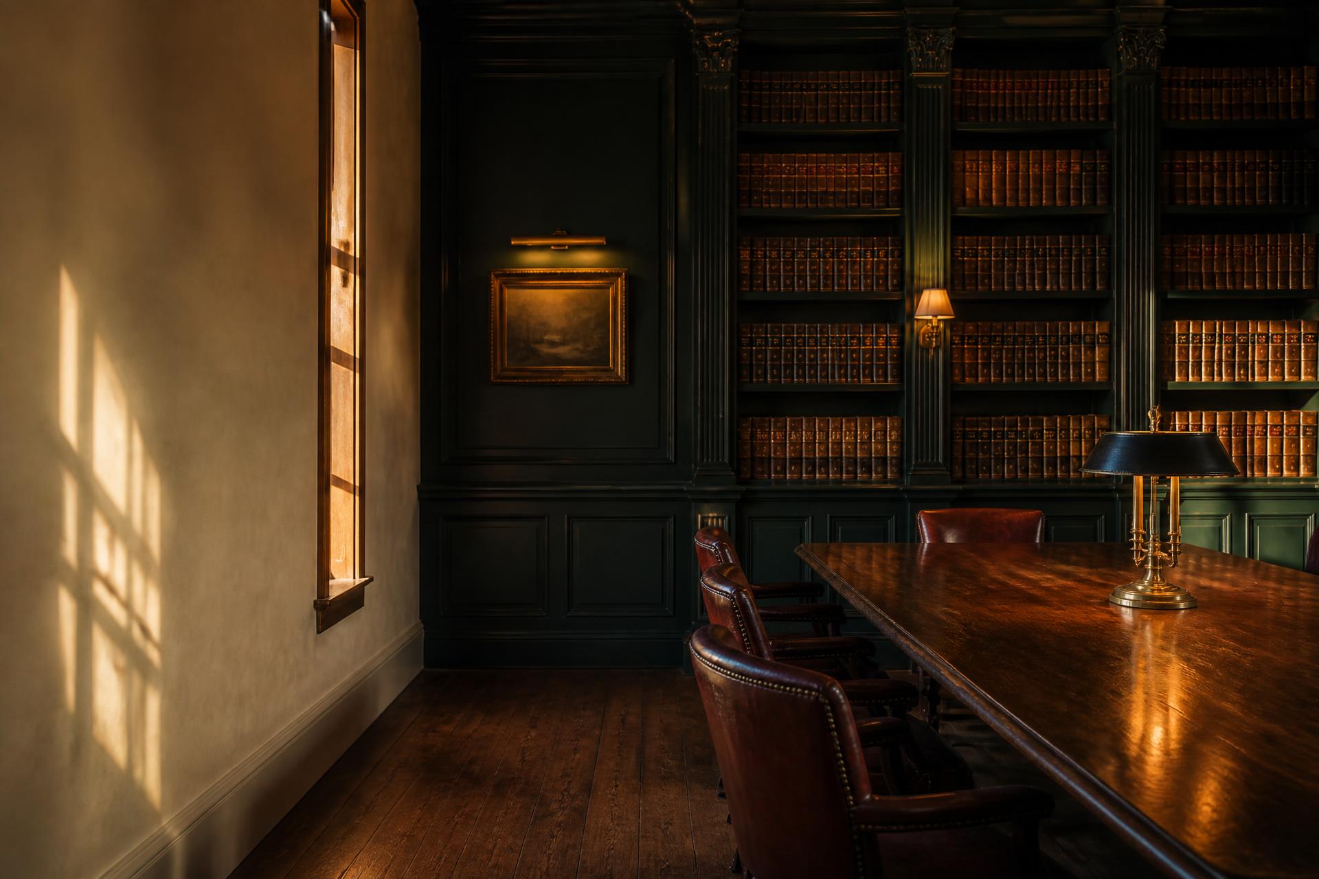 The firm's library at golden hour, shelves of bound reports beside a long oak table
