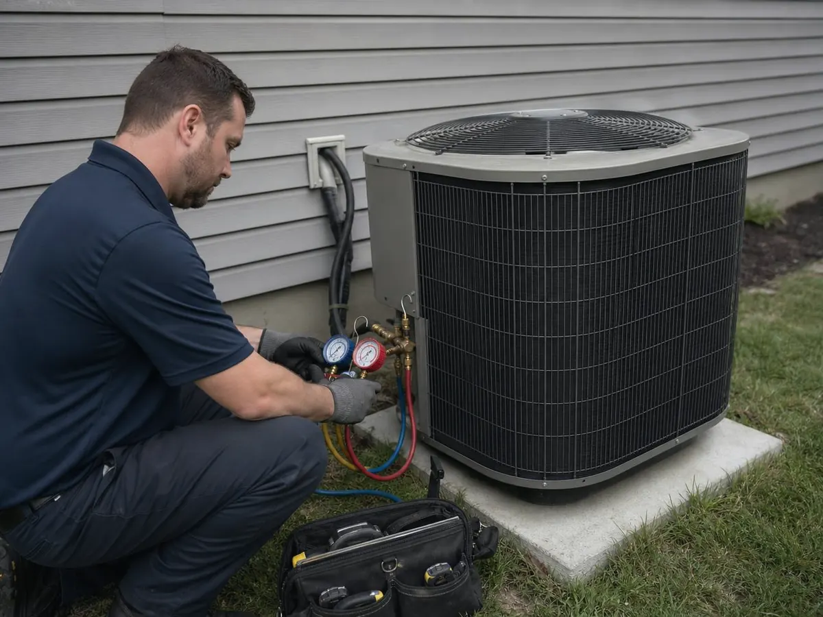 HVAC technician crouched beside an outdoor condenser unit reading a refrigerant manifold gauge set