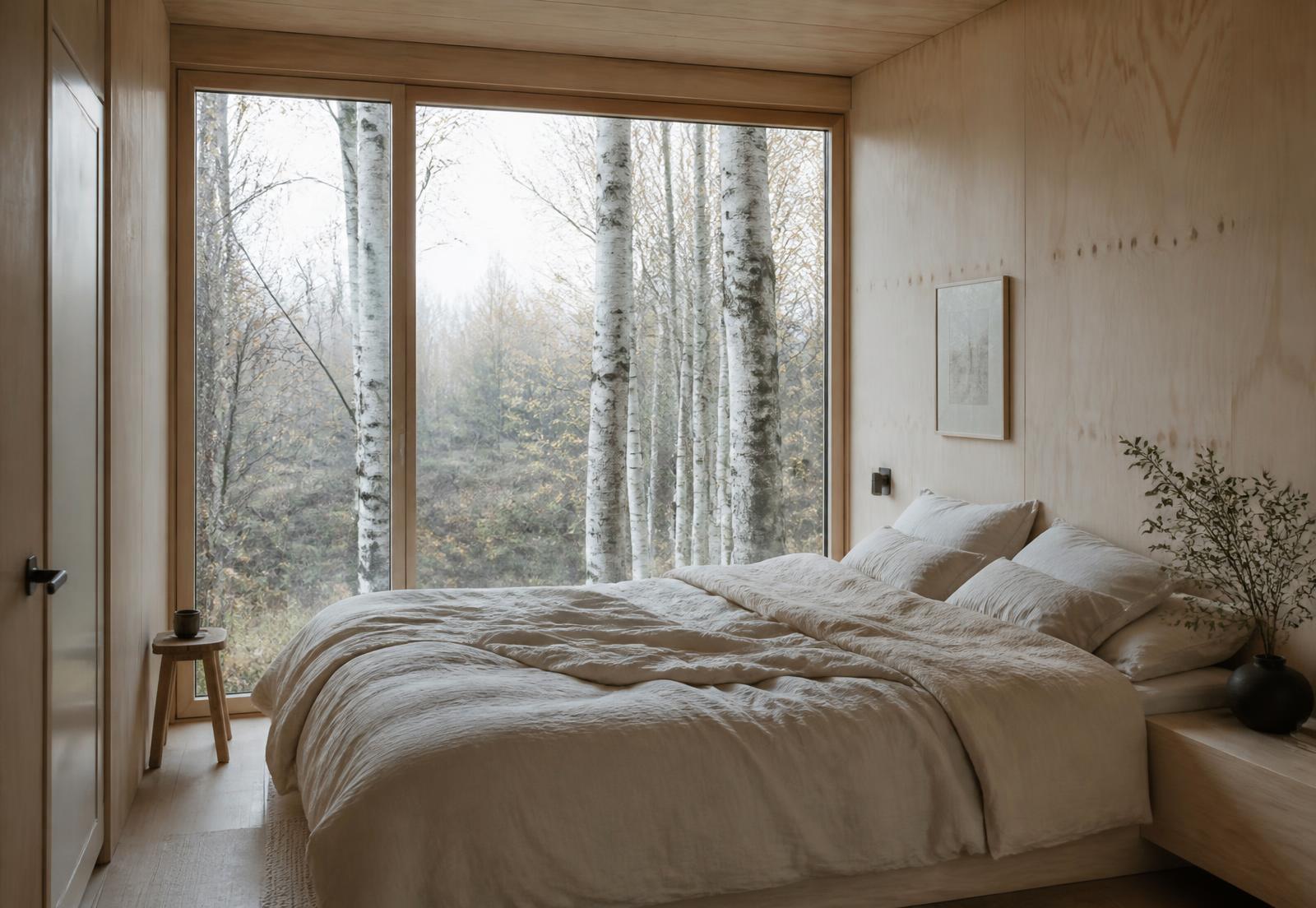 The queen bed inside Birch, framed by birch trunks outside