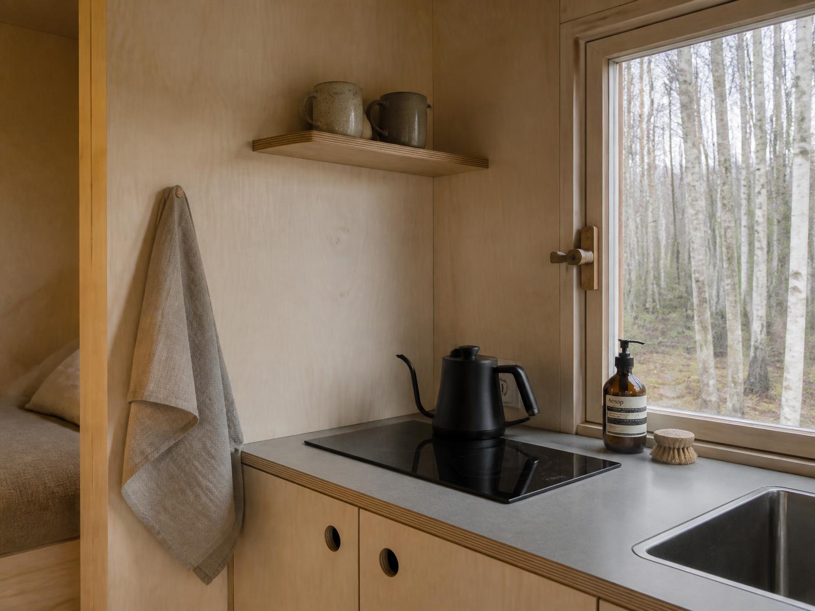 The kitchenette inside Birch, pale wood with an induction hob