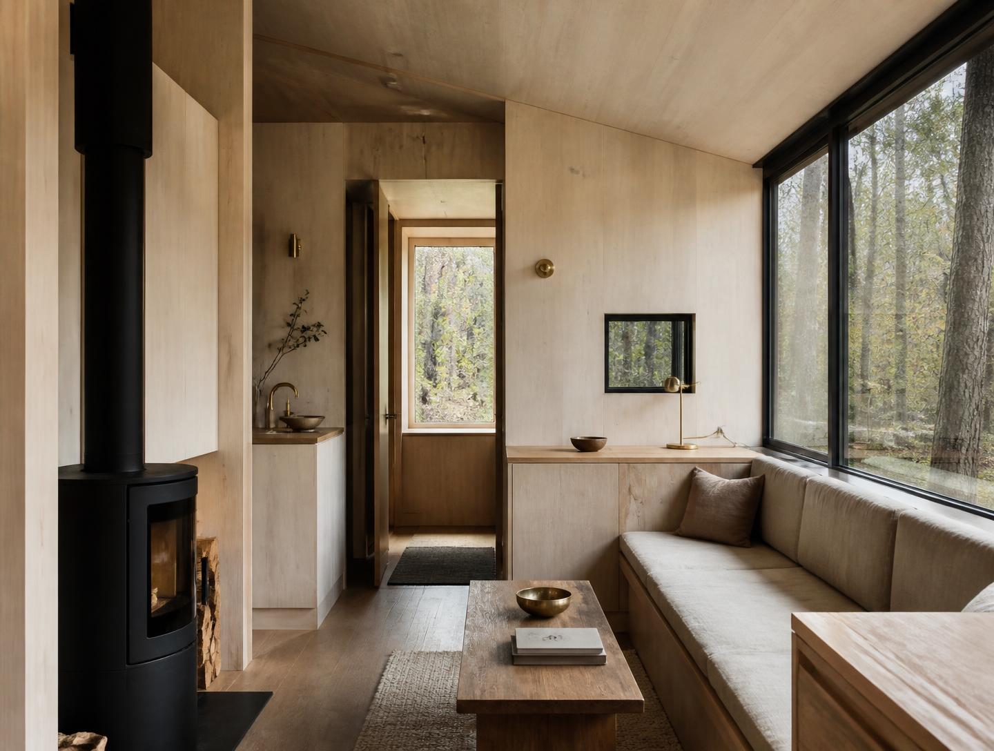 Warm timber interior with careful joinery and daylight from a tall window
