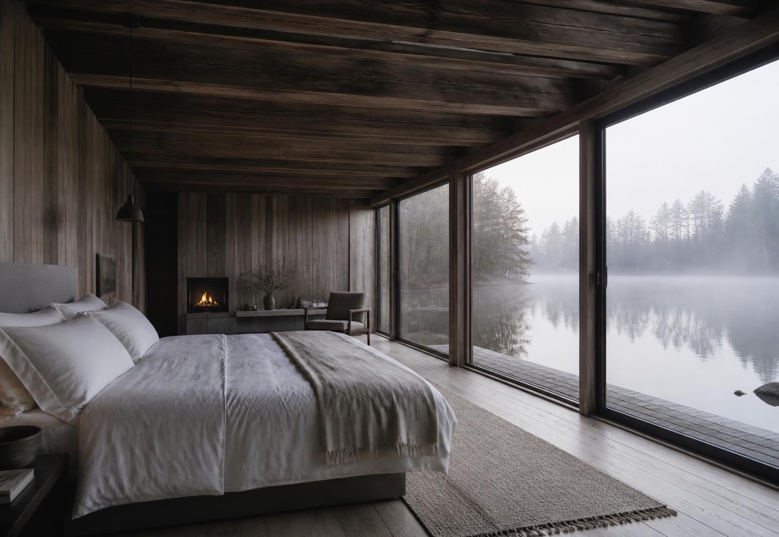 The bedroom inside Hollow, with pond light across the bed