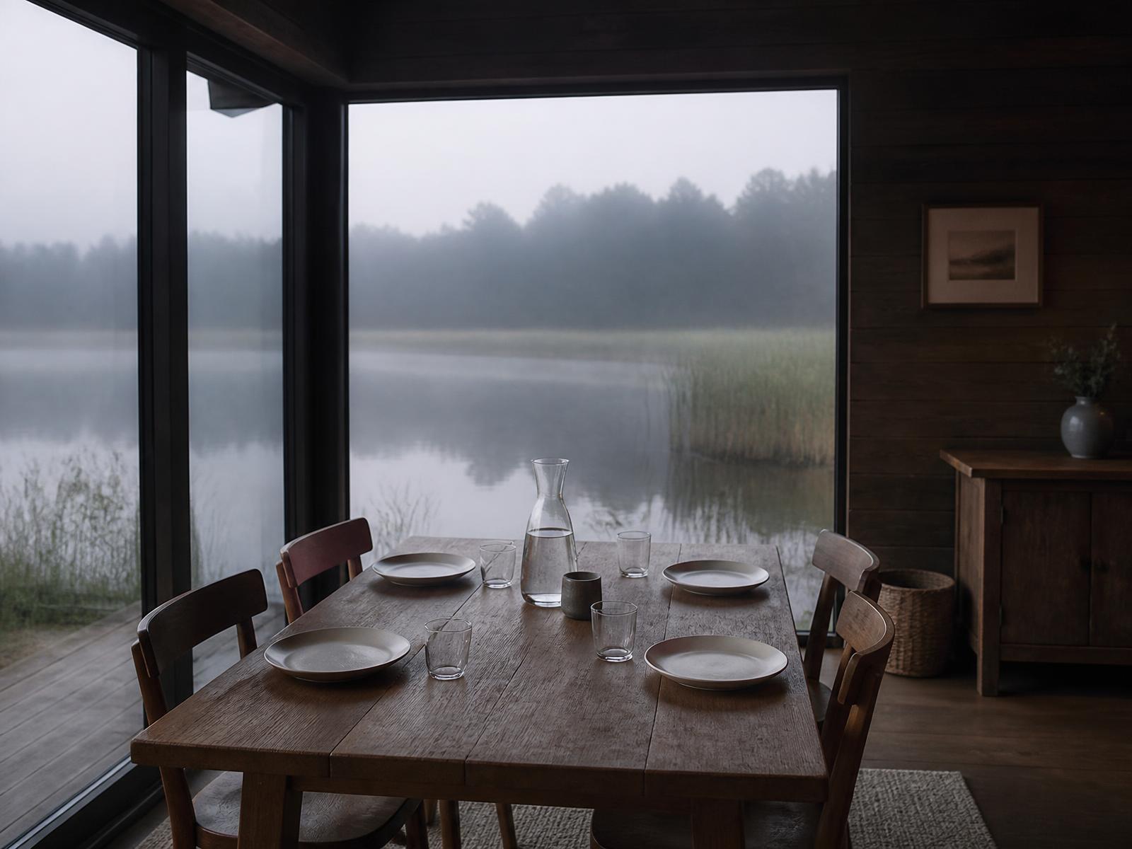 The dining nook inside Hollow, looking out toward the pond