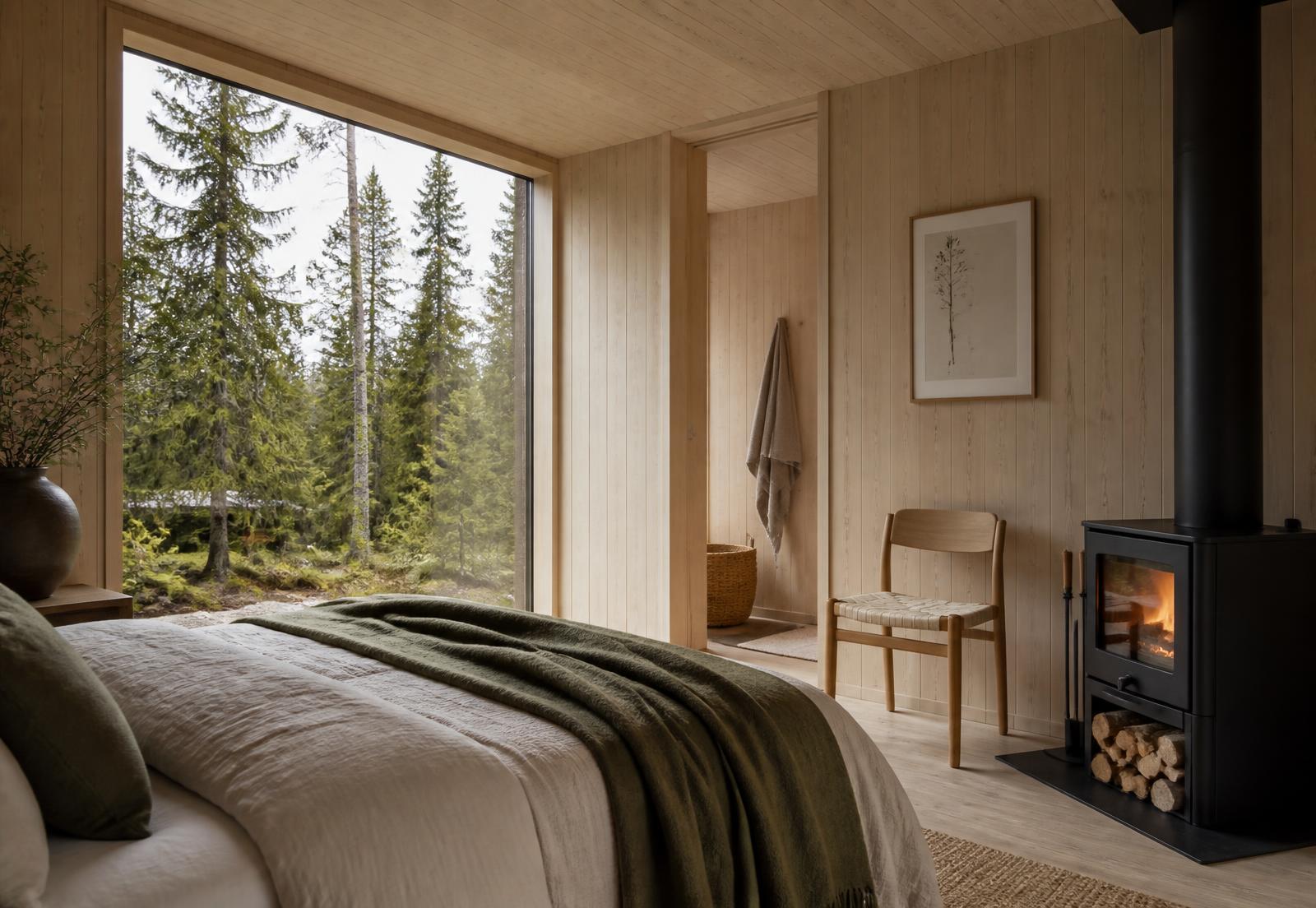 Linen bedding and a wood stove inside a pale wood cabin