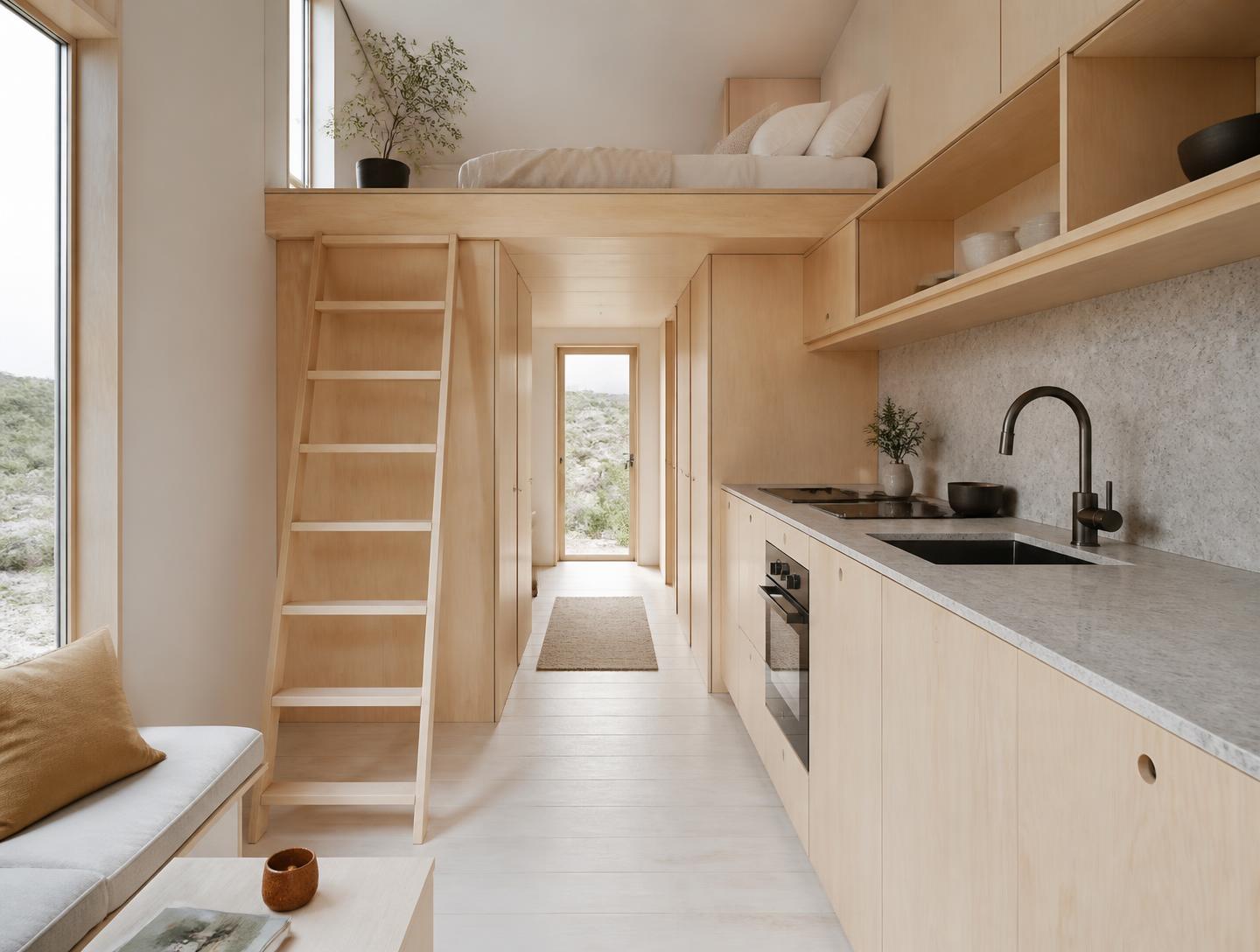Calm timber-lined interior with precise joinery and soft northern daylight