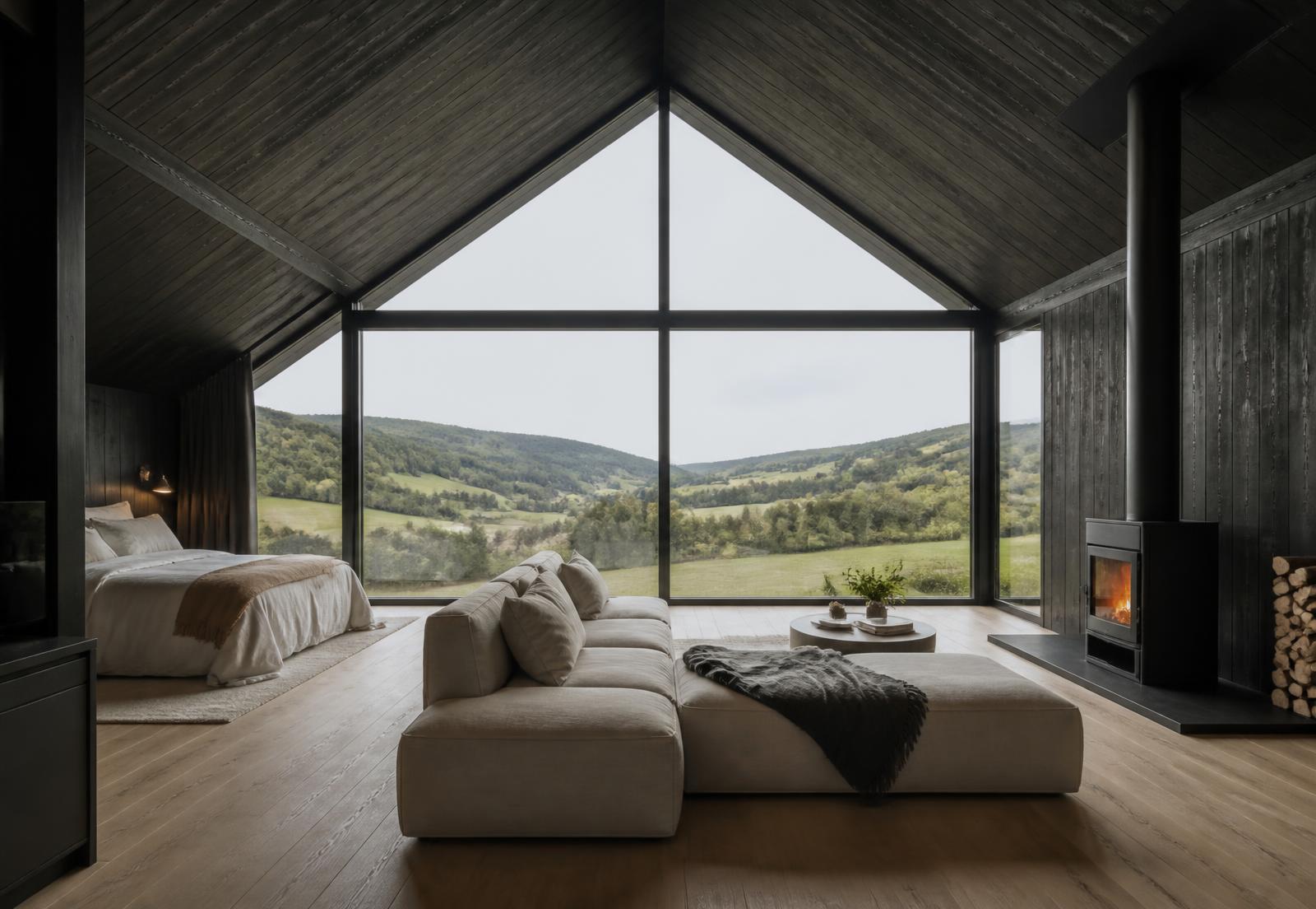 The living room inside Ridge, with a wood stove and valley window