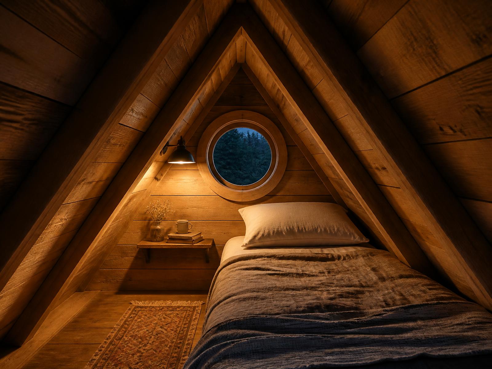 The sleeping loft inside Spruce, tucked under the A-frame roof