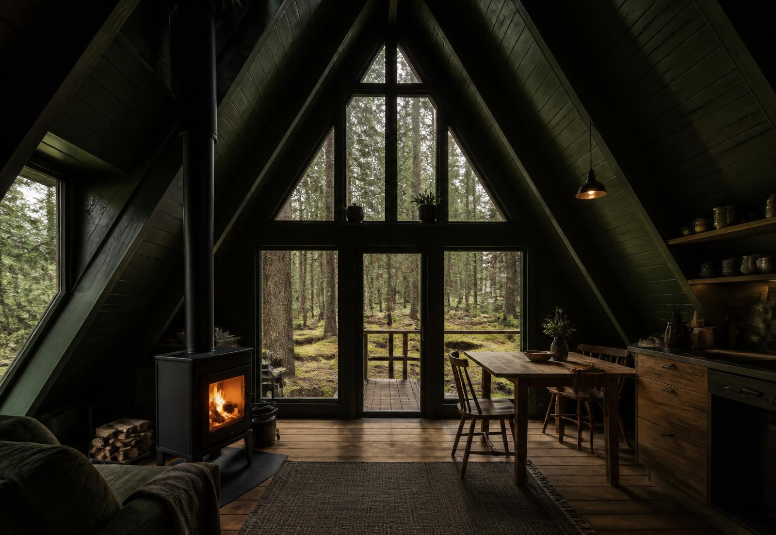 The main room inside Spruce, with kitchenette and reading chair