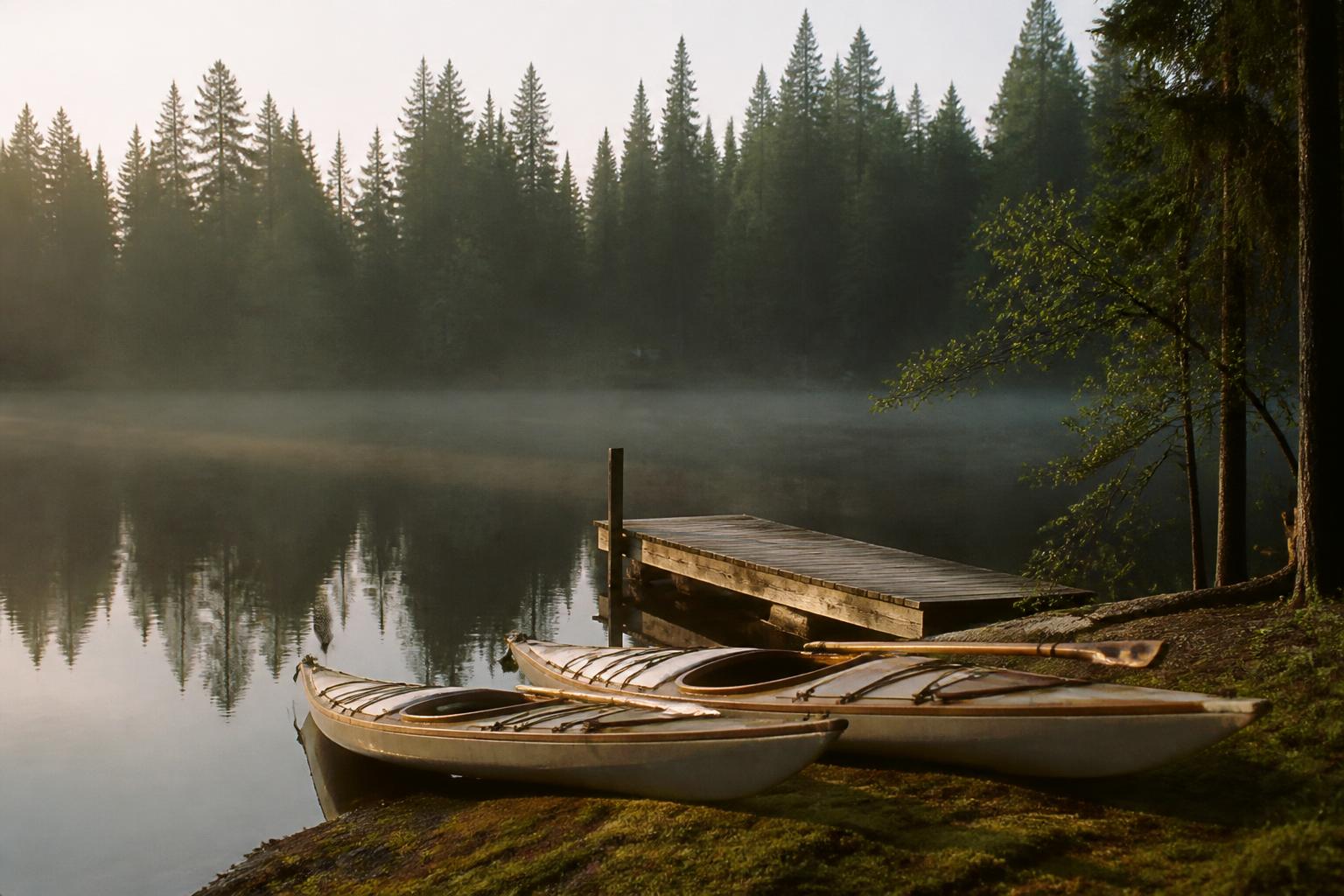 Two kayaks pulled up on the shore beside Hollow's dock in morning fog